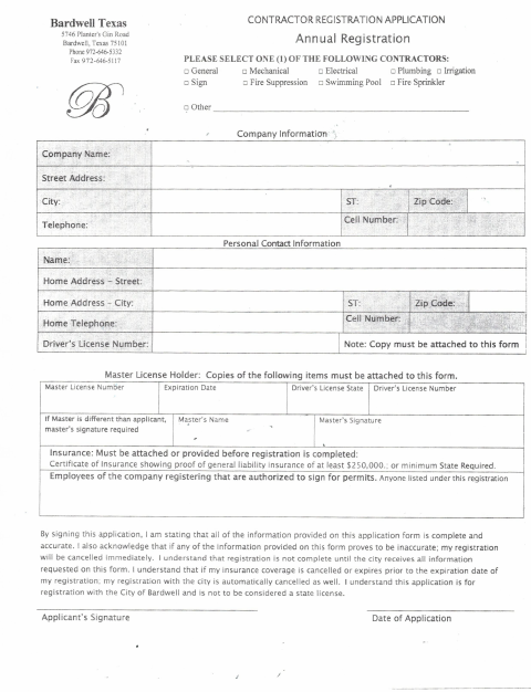 First page of the Contractor Registration Application