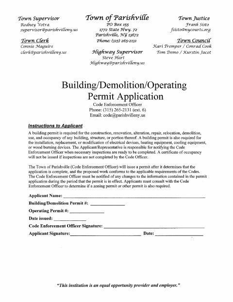 First page of the Building, Demolition, and Operating Permit Application