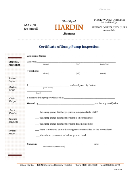 First page of the Certificate of Sump Pump Inspection