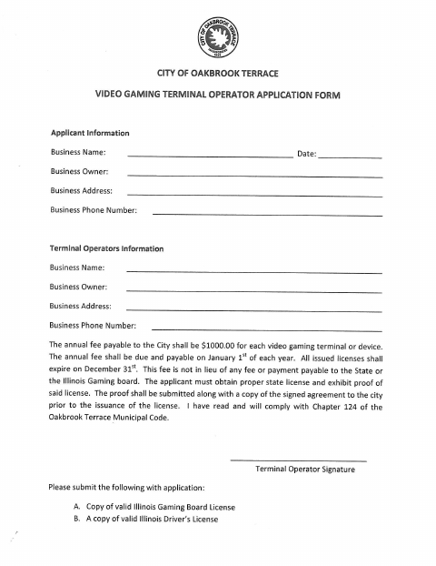 First page of the Video Gaming Terminal Operator Application