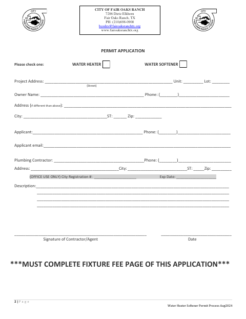 First page of the Water Heater Water Softener Permit Application