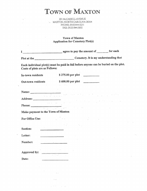 First page of the Cemetery Plot Application