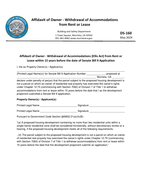 First page of the Affidavit of Owner – Withdrawal of Accommodations from Rent or Lease
