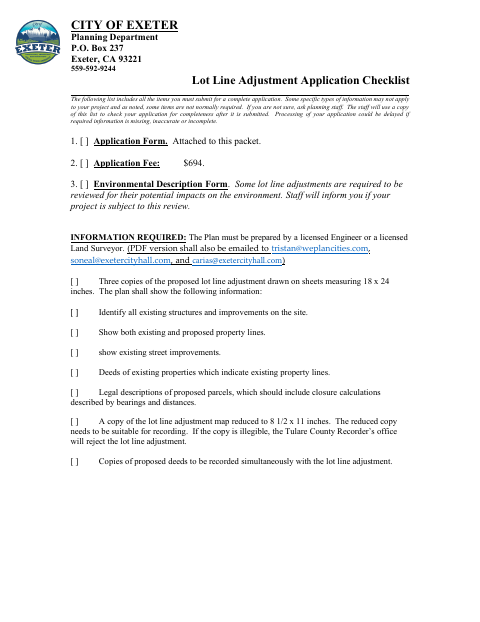 First page of the Lot Line Adjustment Application Checklist