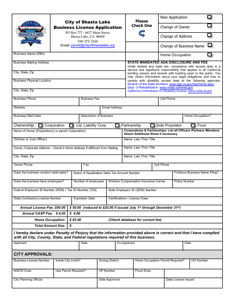 First page of the Business License Application