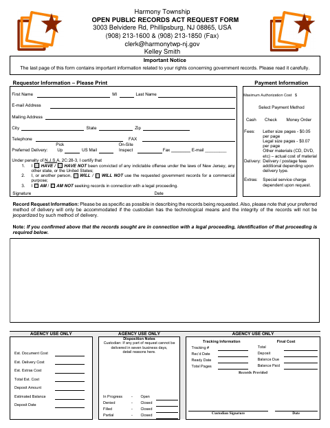 First page of the Open Public Records Act Request Form