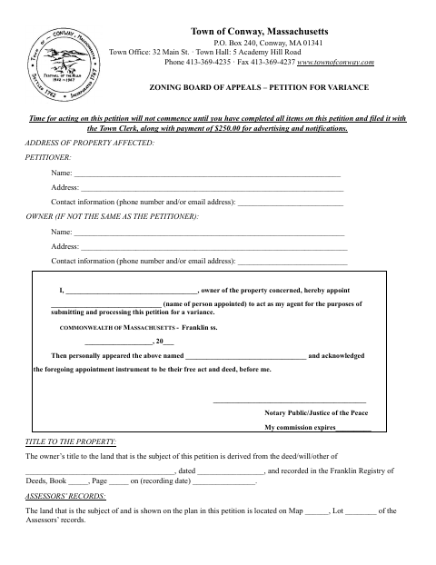 First page of the Zoning Board of Appeals Petition for Variance