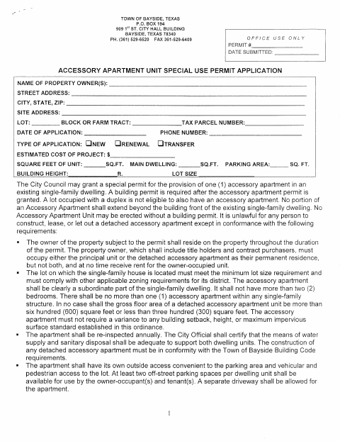 First page of the Accessory Apartment Unit Special Use Permit Application