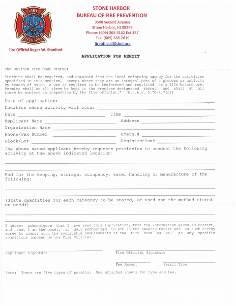 First page of the Bureau Of Fire Prevention Permit Application