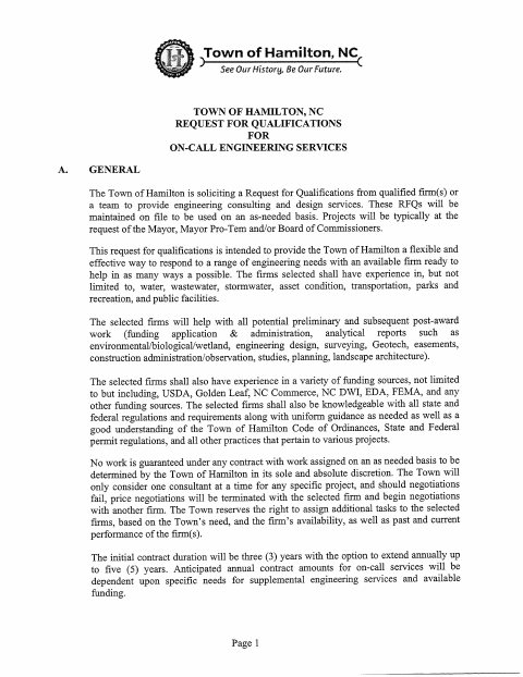 First page of the Request for Qualifications for On-Call Engineering Services