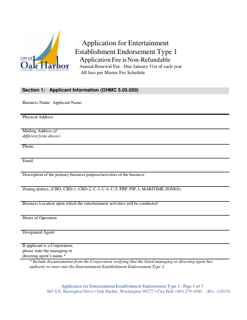 First page of the Entertainment Establishment Endorsement Type 1 Application
