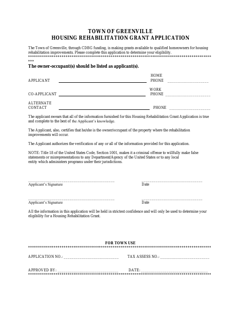 First page of the Housing Rehabilitation Grant Application