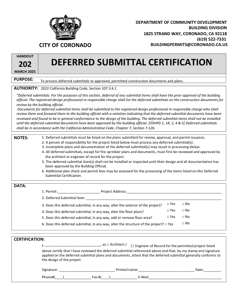 First page of the Deferred Submittal Certification