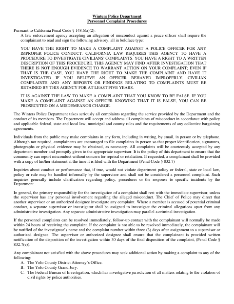First page of the Police Personnel Complaint Form