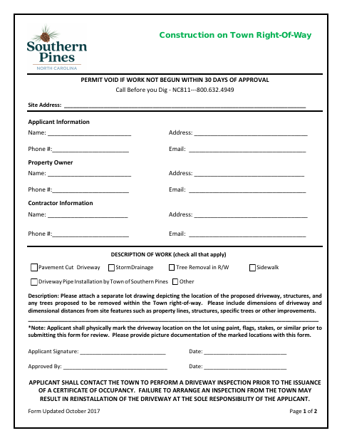 First page of the Permit for Construction on Town Right-of-Way