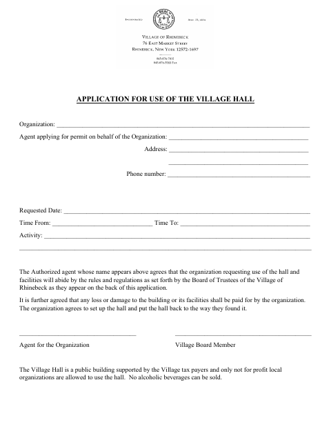 First page of the Application for Use of Village Hall