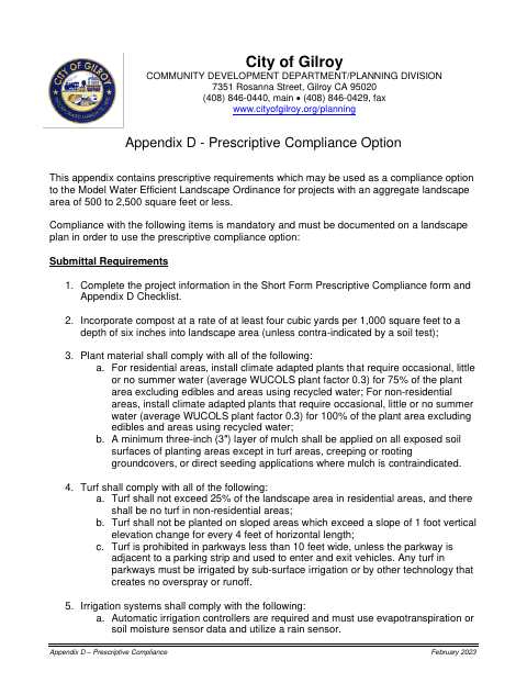 First page of the Appendix D – Prescriptive Compliance Option