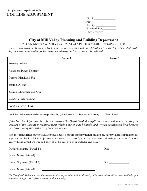First page of the Lot Line Adjustment Supplemental Application