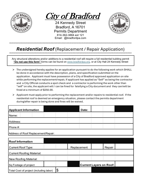 First page of the Residential Roof Replacement / Repair Application