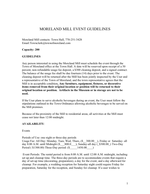 First page of the Moreland Mill Event Rental Agreement
