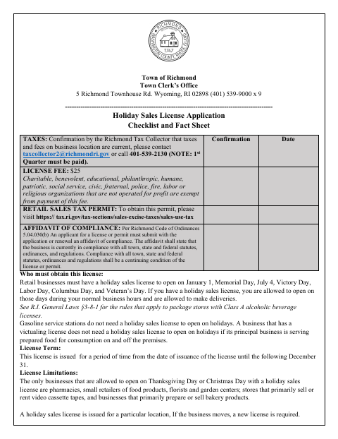 First page of the Holiday Sales License Application