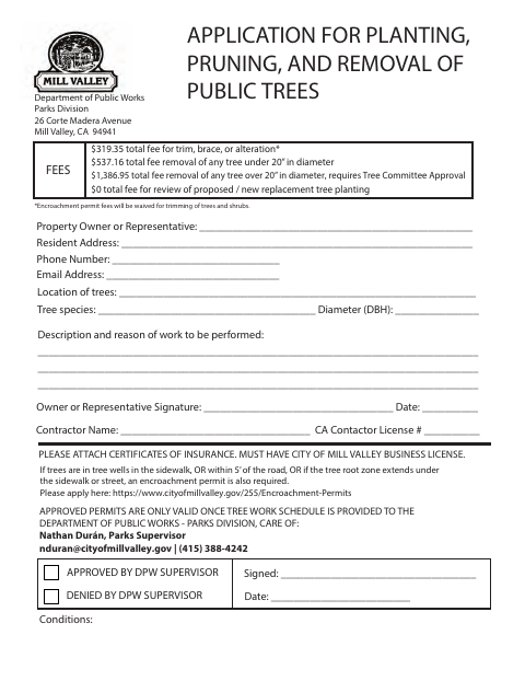 First page of the Application for Planting, Pruning, and Removal of Public Trees