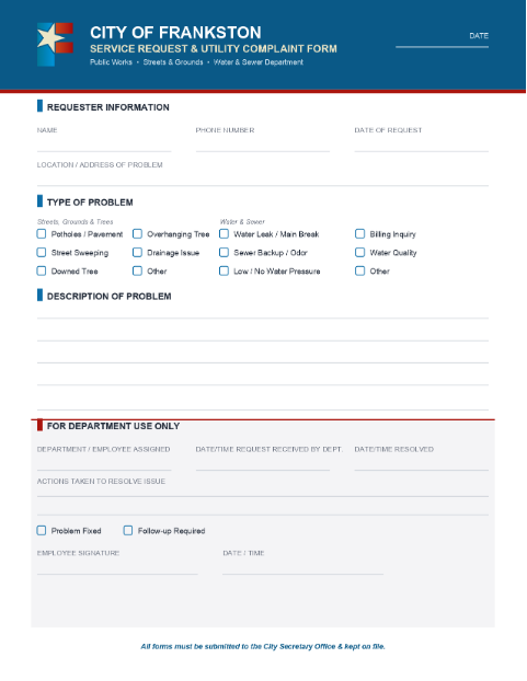 First page of the Service Request and Utility Complaint Form