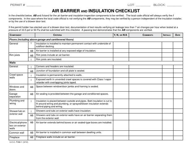 First page of the Air Barrier and Insulation Checklist