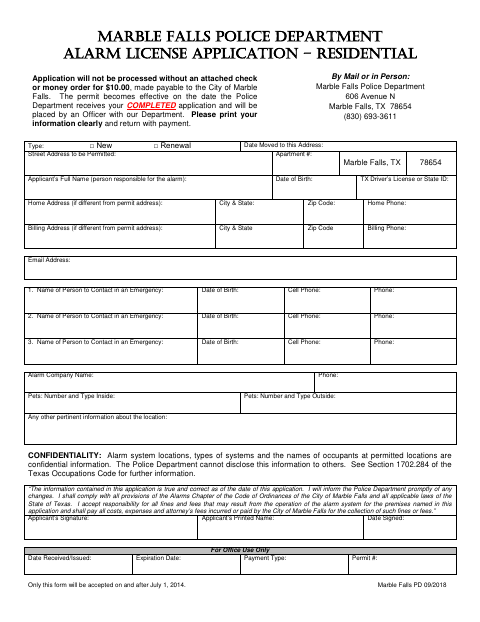 First page of the Residential Alarm License Application