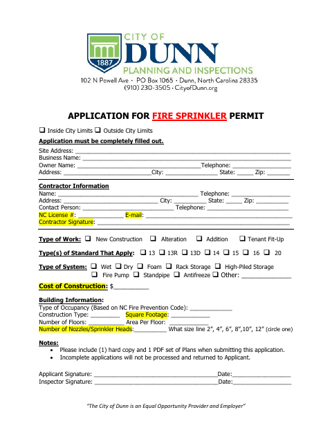 First page of the Application for Fire Sprinkler Permit