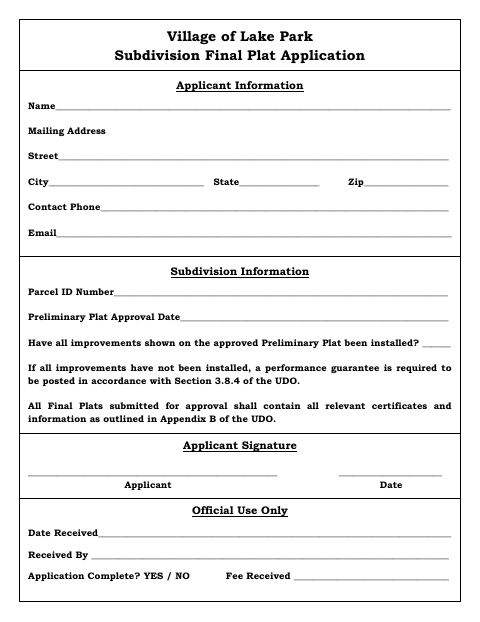 First page of the Subdivision Final Plat Application