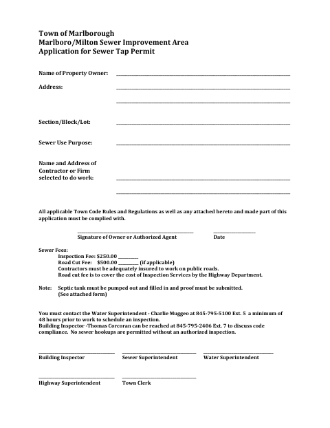 First page of the Application for Sewer Tap Permit