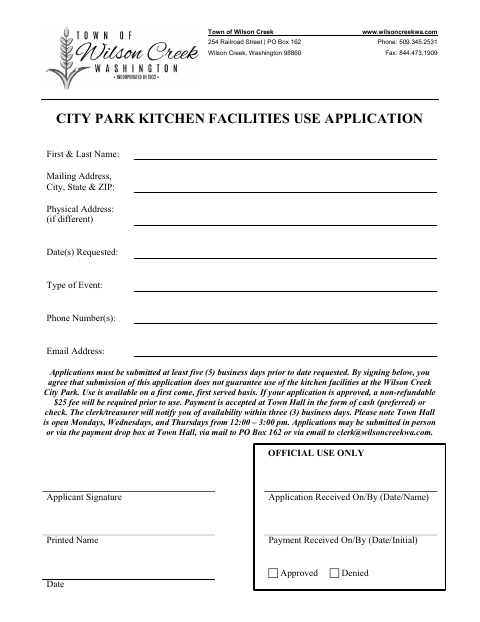 First page of the City Park Kitchen Facilities Use Application