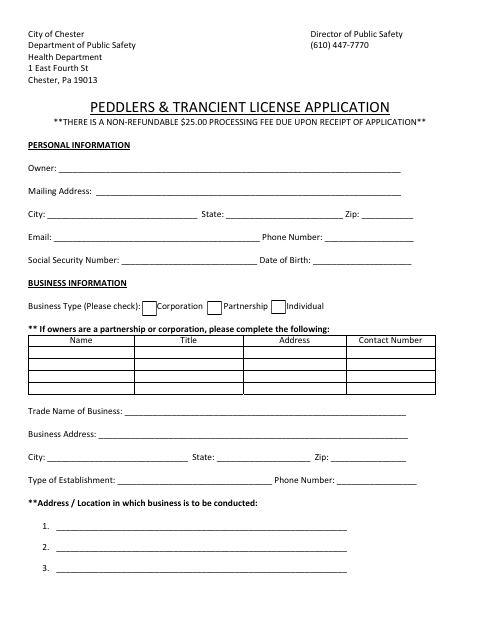 First page of the Peddlers and Transient Merchant License Application