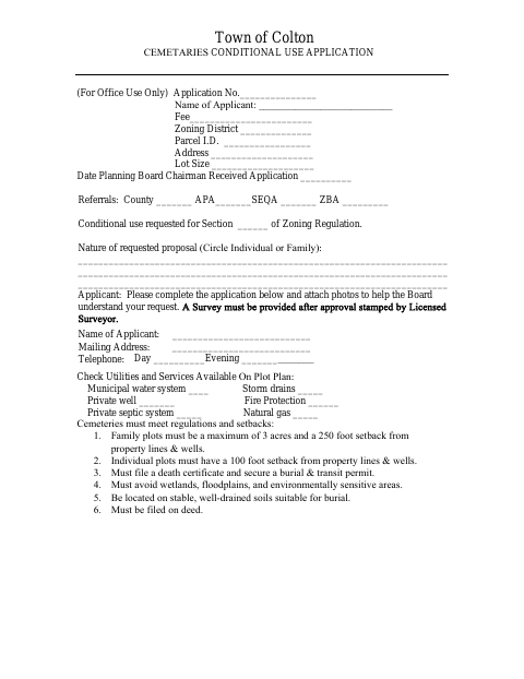 First page of the Cemeteries Conditional Use Application