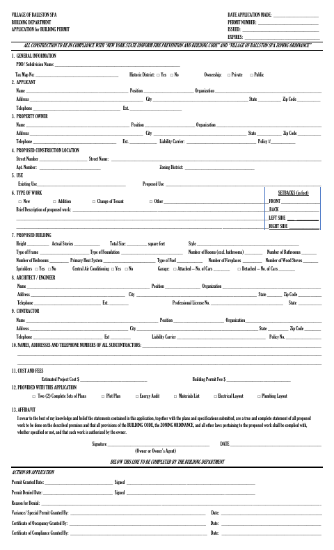 First page of the Application for Building Permit
