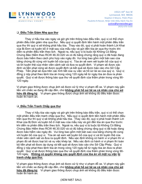 First page of the Infraction Hearing By Mail (Vietnamese)