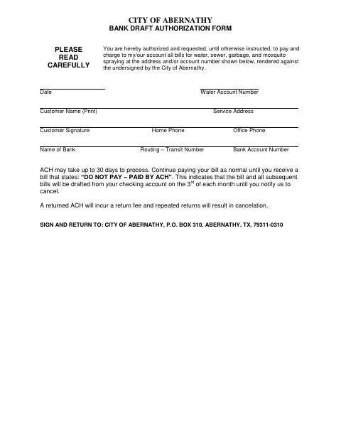First page of the Bank Draft Authorization Form