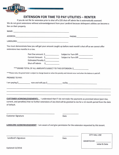 First page of the Extension for Time to Pay Utilities – Renter