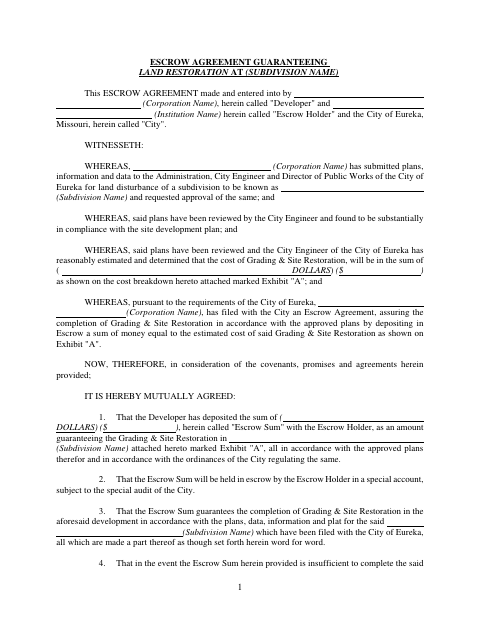 First page of the Escrow Agreement Guaranteeing Land Restoration