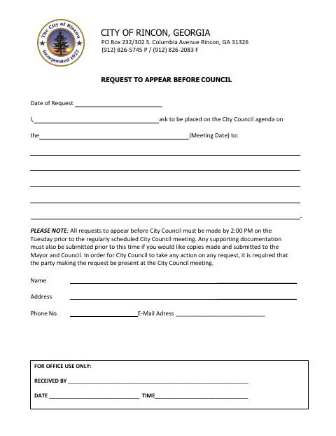 First page of the Request to Appear Before Council