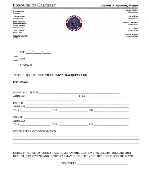 First page of the Health Club License