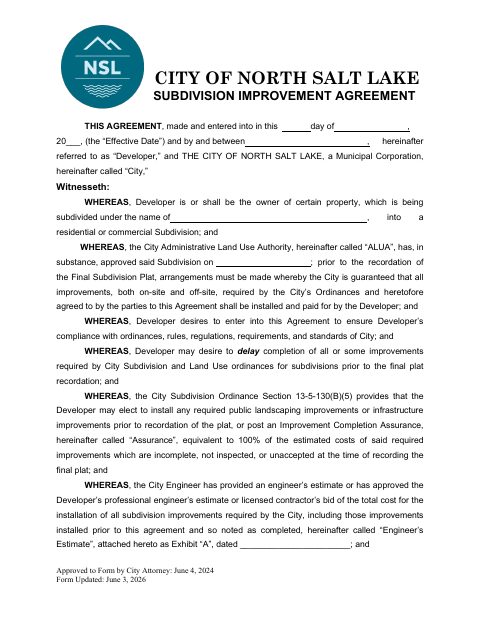 First page of the Subdivision Improvement Agreement