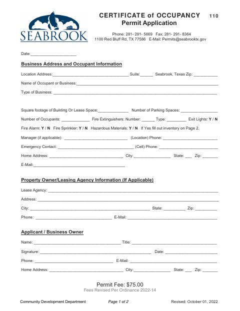 First page of the Certificate of Occupancy 110 Permit Application