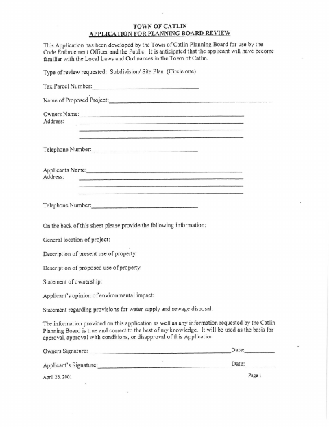 First page of the Planning Board Review Application