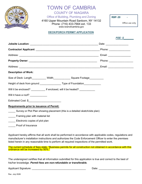 First page of the Deck/Porch Permit Application