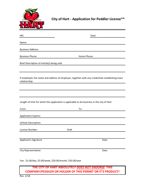 First page of the Application for Peddler License