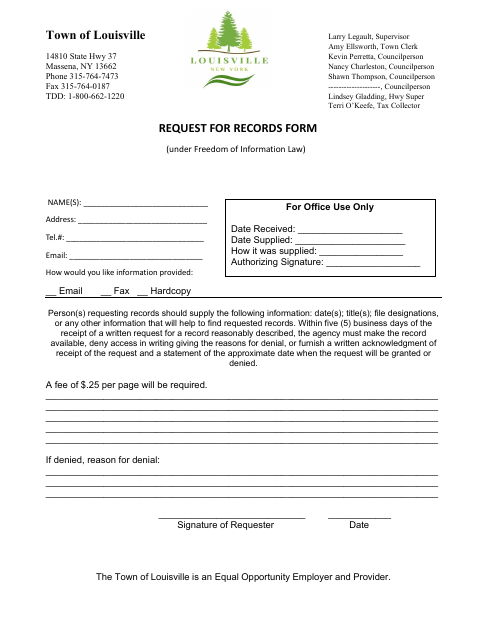 First page of the Request for Records Form