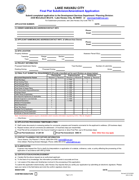 First page of the Final Plat Subdivision/Amendment Application