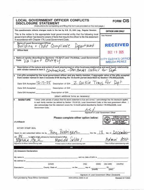 First page of the Local Government Officer Conflicts Disclosure Statement